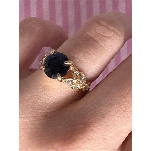 Size 5.5 Princess Ring – Gold Tone Faux Sapphire & CZ Bling, Y2K Girly Glam - Picture 1 of 6